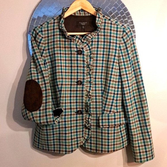 Talbots Wool Embroided Plaid Ruffled Blazer Jacket With Suede Elbow Patc… - Picture 1 of 10